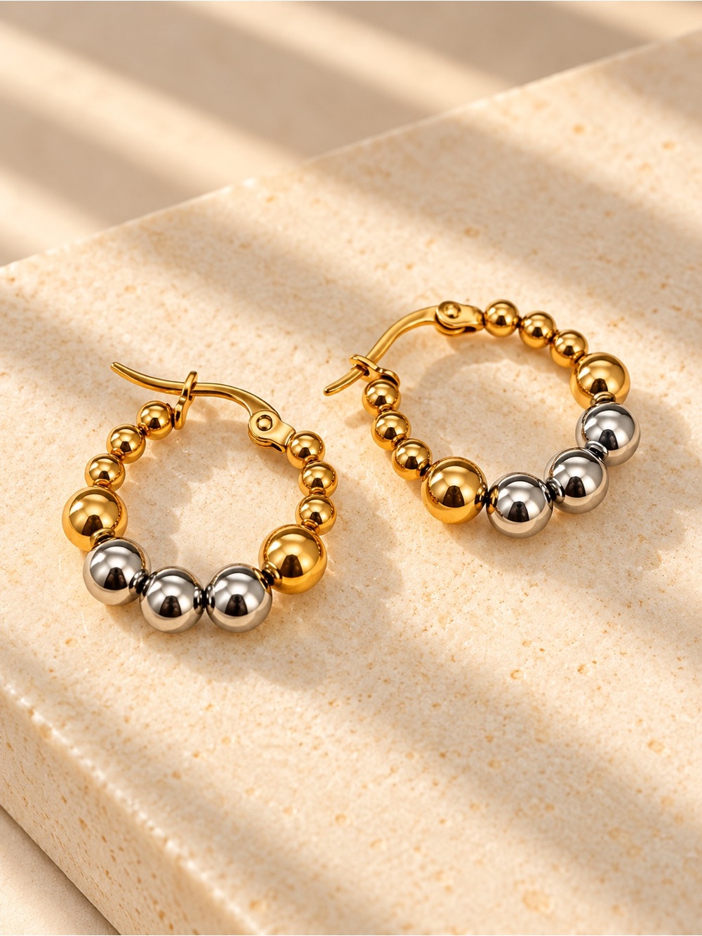 Gold Plated and Stainless Steel Beaded Hoop Earrings - Women Jewelry